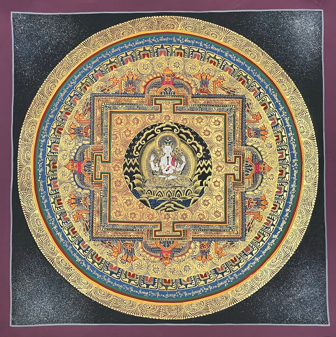 Chenrezig Mandala thangka, 55×55 cm: four-armed Chenrezig at the heart of a gold-coloured palace mandala on a sparkling black ground