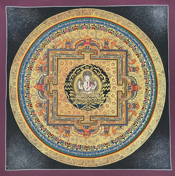 Chenrezig Mandala thangka, 55×55 cm: four-armed Chenrezig at the heart of a gold-coloured palace mandala on a sparkling black ground
