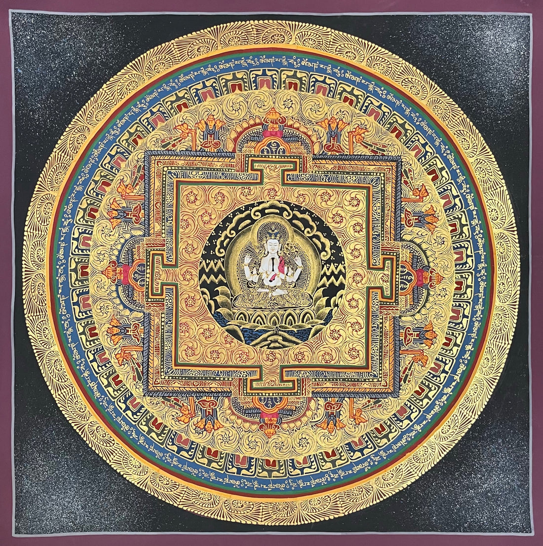 Chenrezig Mandala thangka, 55×55 cm: four-armed Chenrezig at the heart of a gold-coloured palace mandala on a sparkling black ground