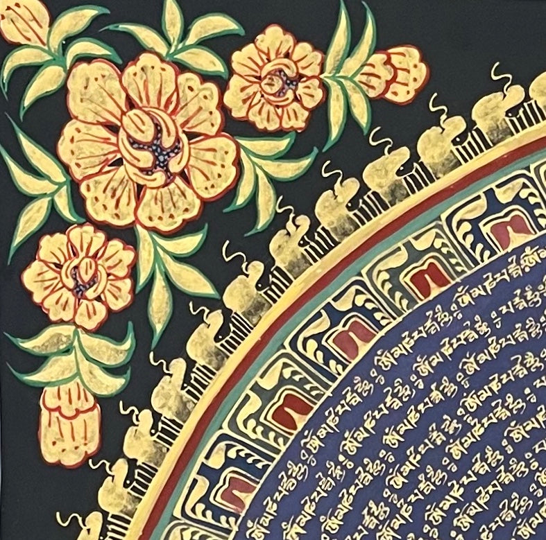 Mantra Mandala thangka, detail: top-left corner
