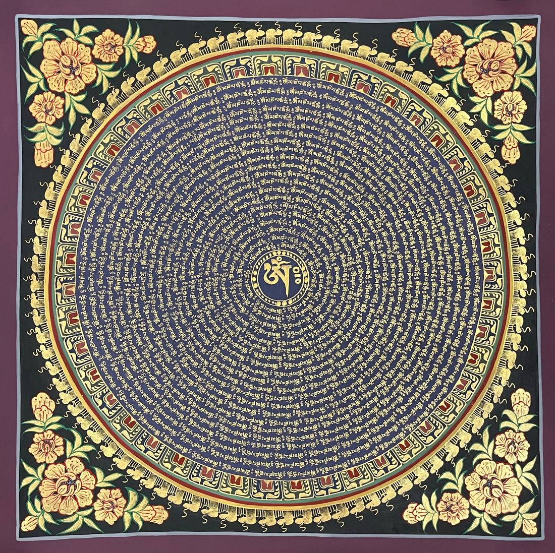 Mantra Mandala thangka, 55×55 cm: concentric rings of gold-coloured mantra script on deep blue around Om