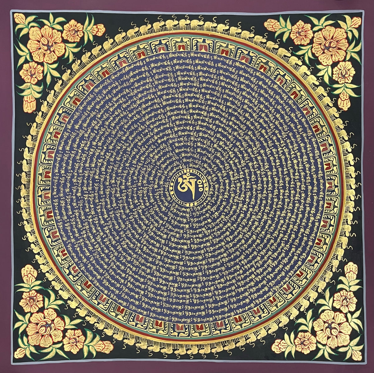 Mantra Mandala thangka, 55×55 cm: concentric rings of gold-coloured mantra script on deep blue around Om