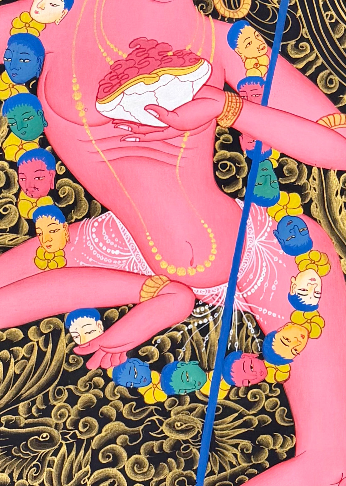 Dorje Phagmo thangka, 58×79 cm: red Vajravarahi dancing on a lotus amid gold-coloured clouds on black
