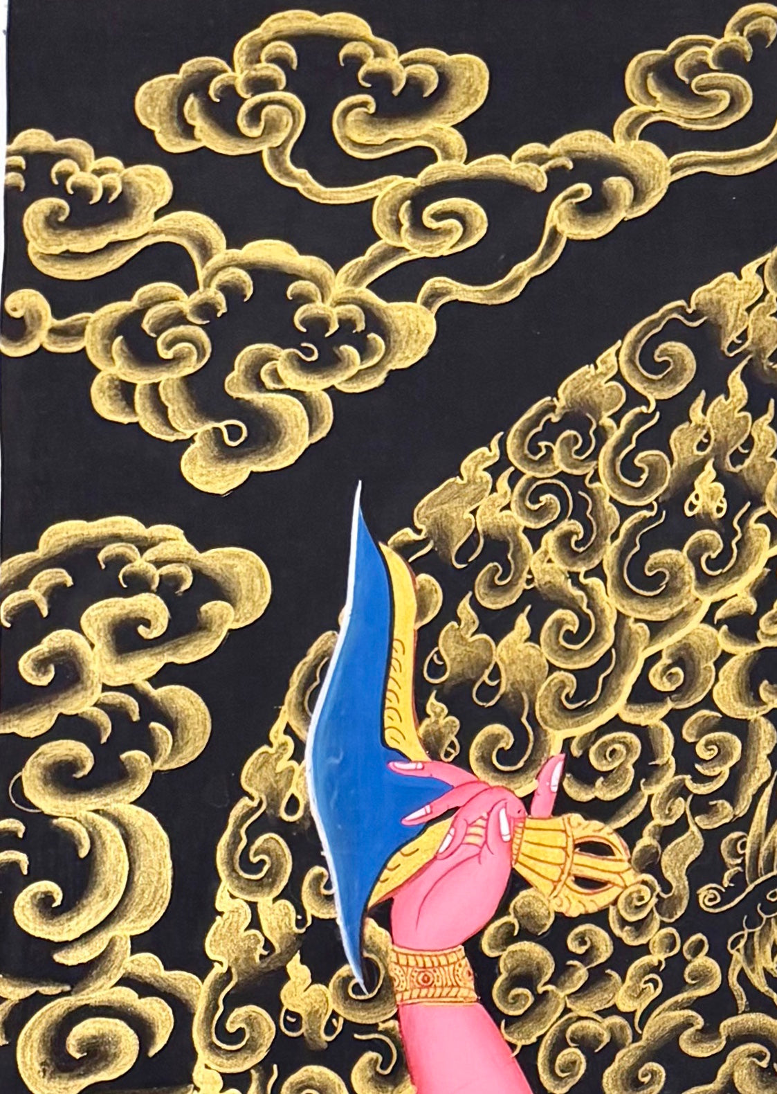 Dorje Phagmo thangka, detail: top-left corner