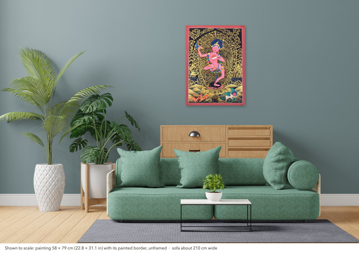 Dorje Phagmo thangka shown to scale in a living room, unframed, above a sofa about 210 cm wide (58×79 cm)