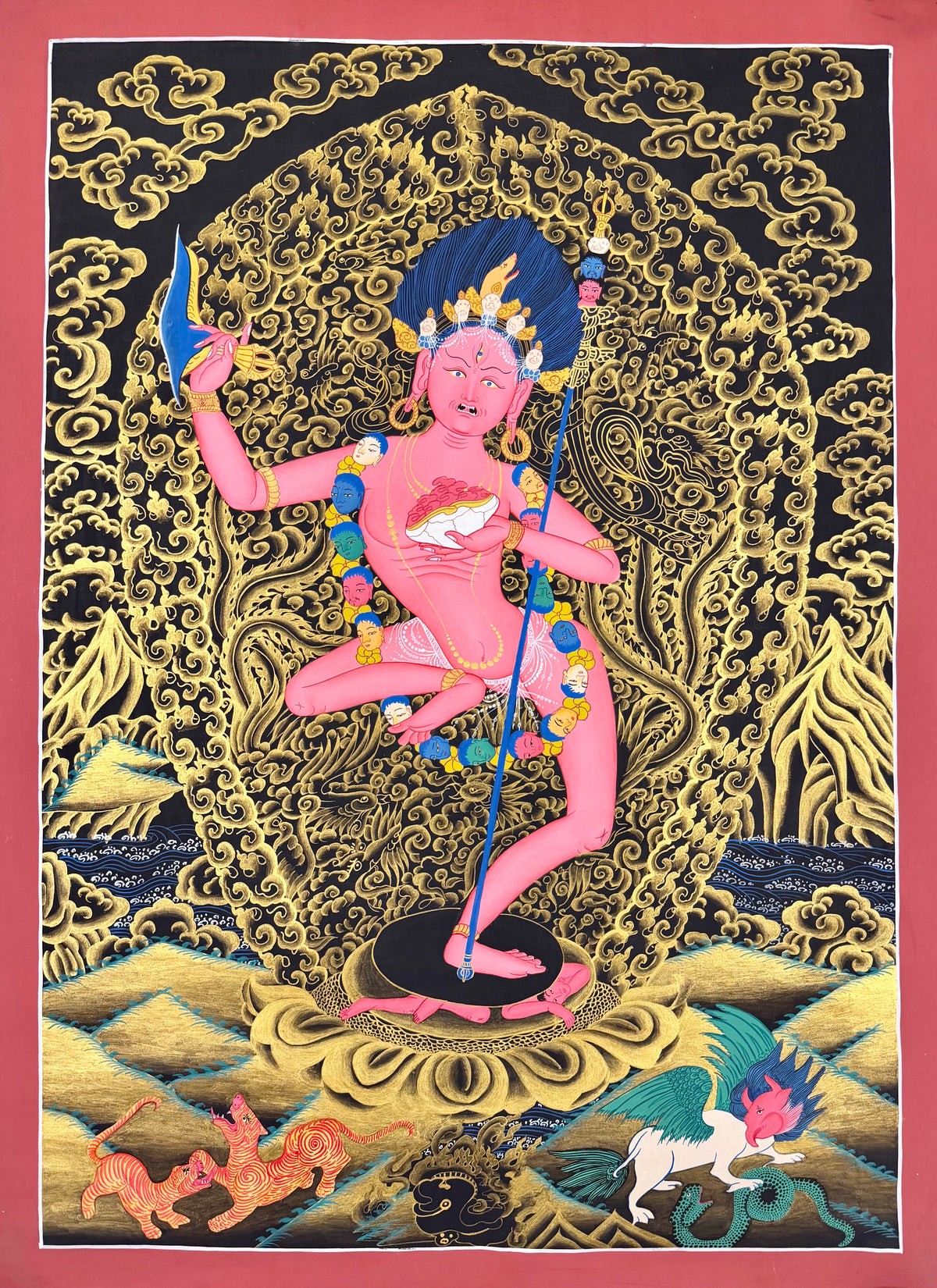 Dorje Phagmo thangka, 58×79 cm: red Vajravarahi dancing on a lotus amid gold-coloured clouds on black