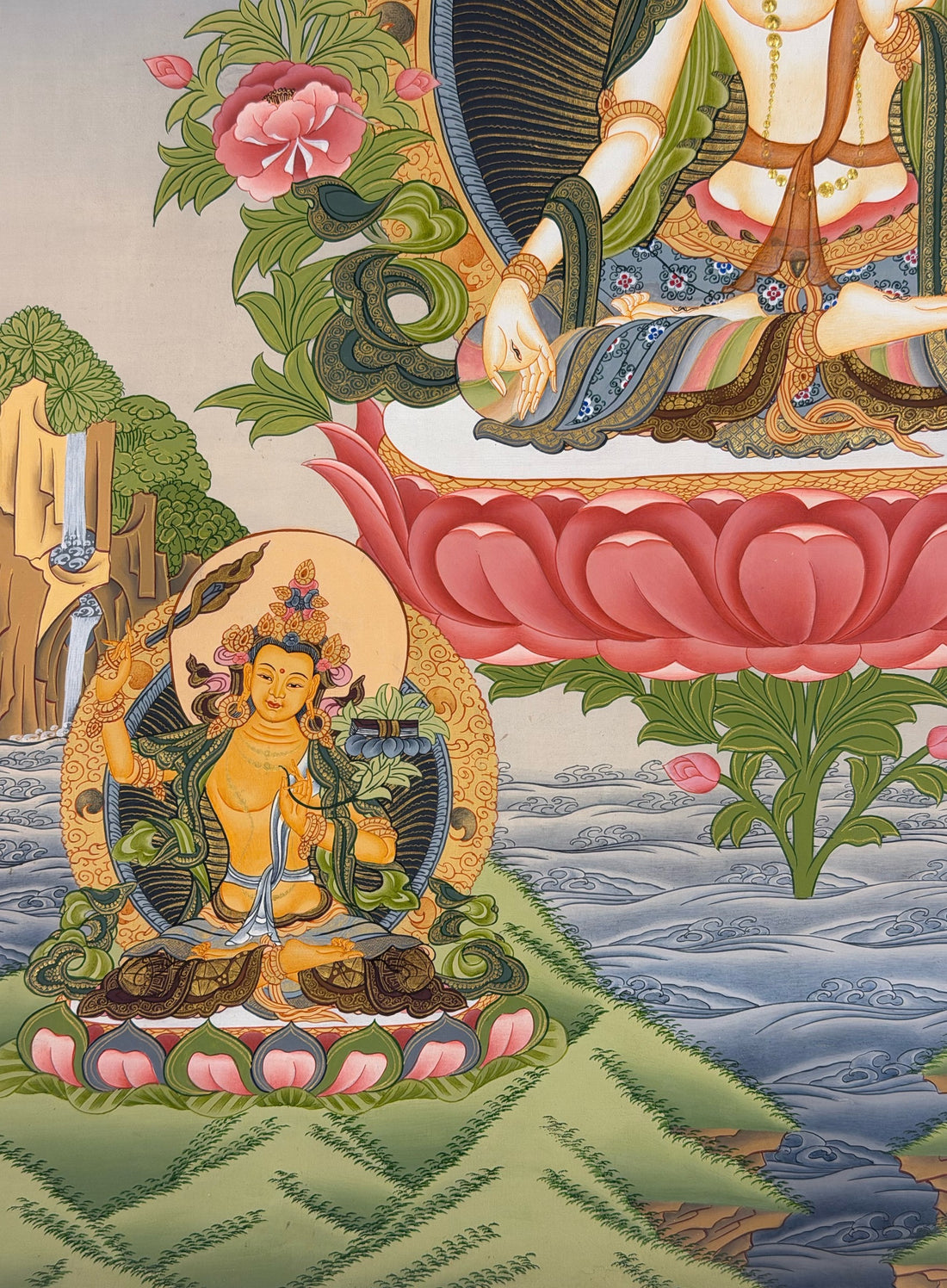 White Tara thangka, 52×70 cm: White Tara on a pink lotus, with Amitabha and Green Tara above and Manjushri and Vajrapani below