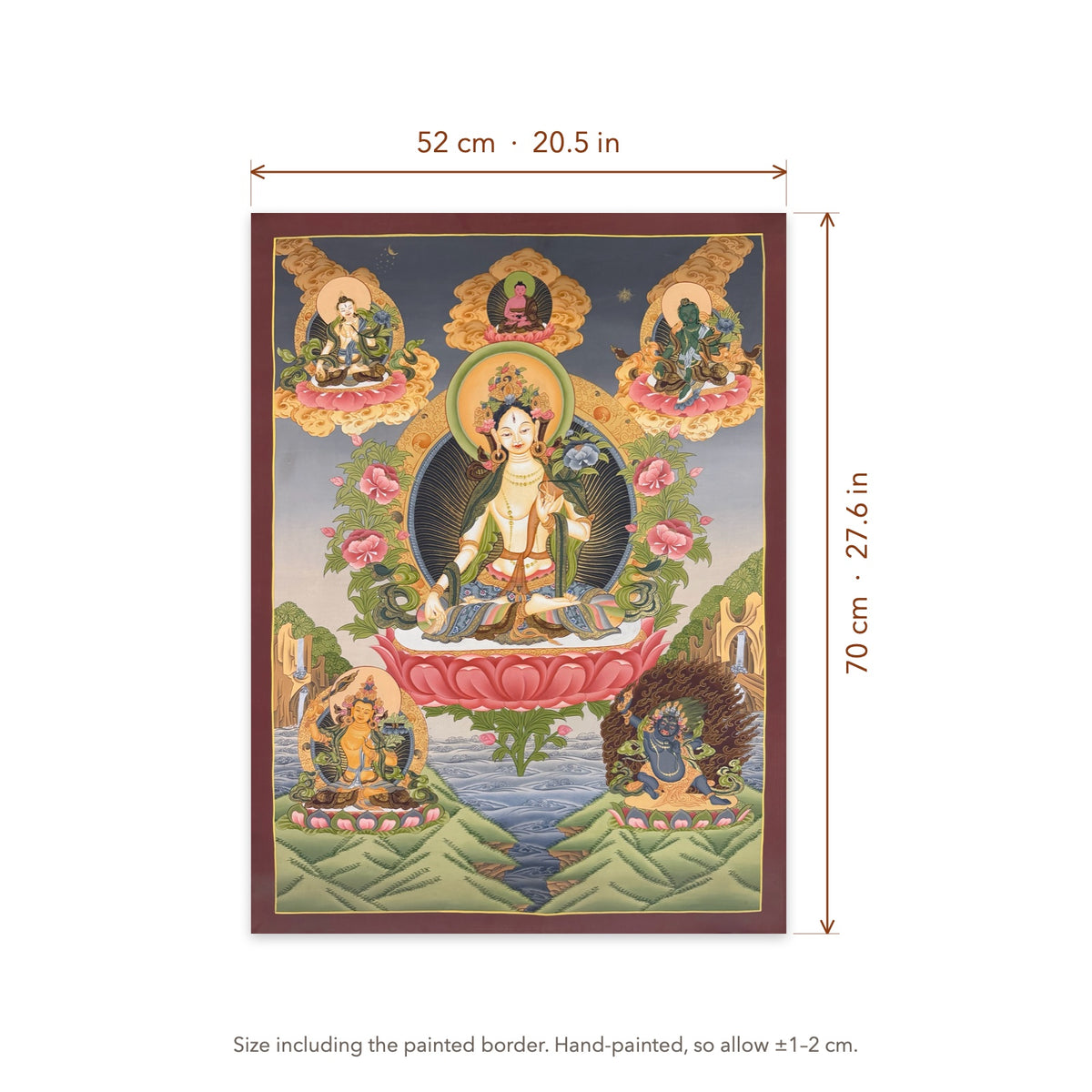 Size diagram: 52 × 70 cm (20.5 × 27.6 in), including the painted border