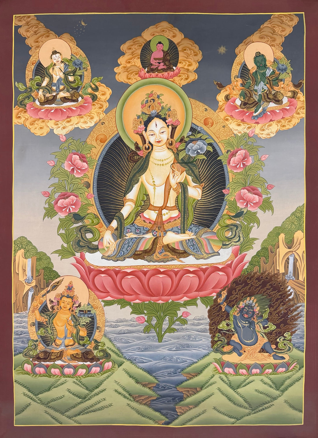 White Tara thangka, 52×70 cm: White Tara on a pink lotus, with Amitabha and Green Tara above and Manjushri and Vajrapani below