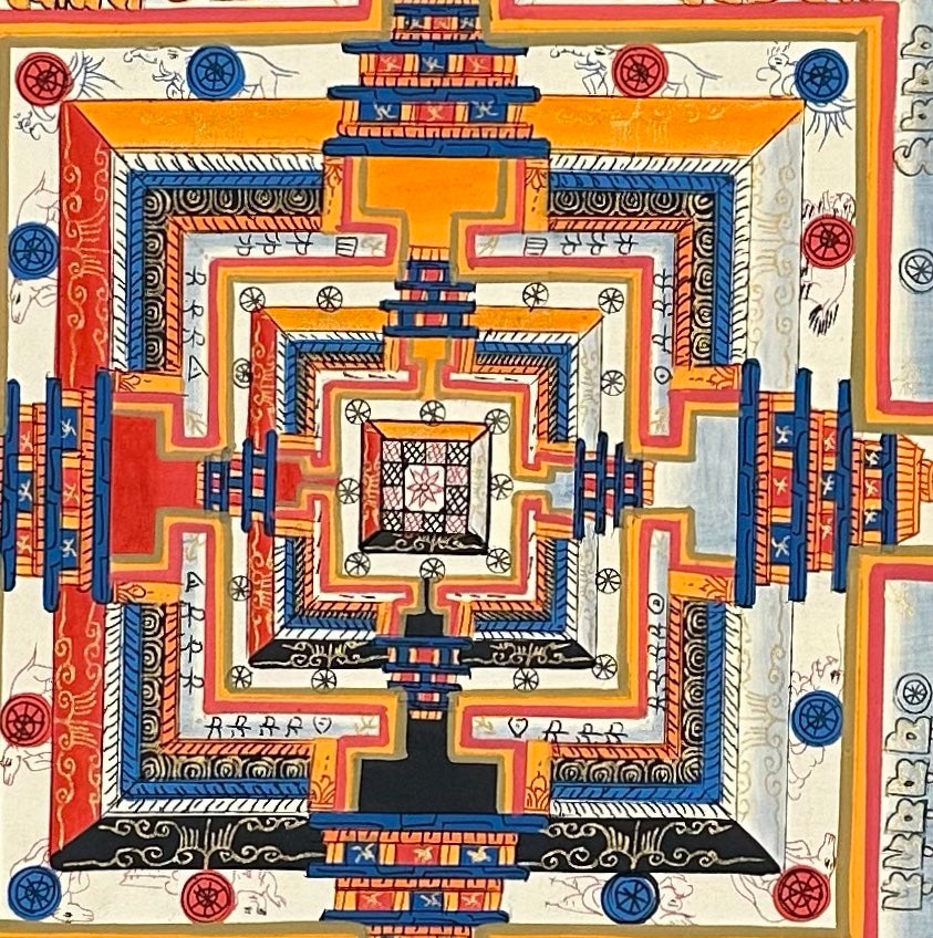 Kalachakra Mandala thangka, 55×55 cm: Kalachakra palace mandala with rings of mantra syllables and dharma wheels on a saffron ground