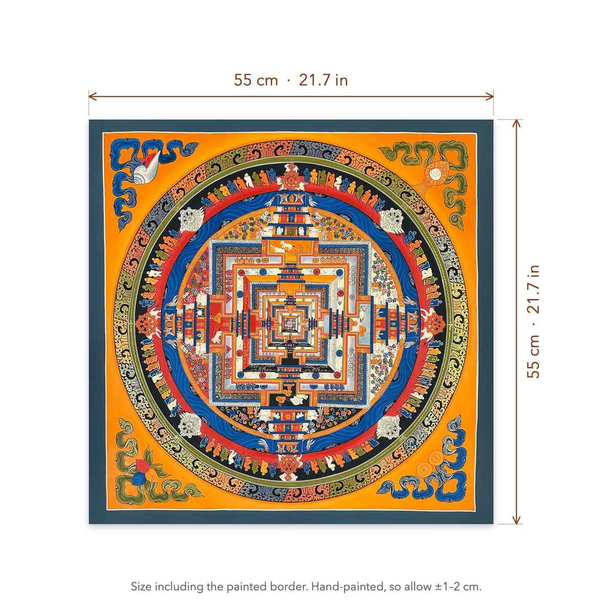 Size diagram: 55 × 55 cm (21.7 × 21.7 in), including the painted border