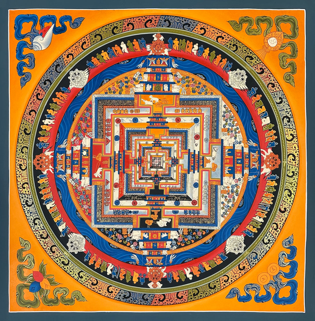 Kalachakra Mandala thangka, 55×55 cm: Kalachakra palace mandala with rings of mantra syllables and dharma wheels on a saffron ground