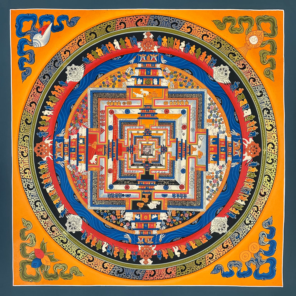 Kalachakra Mandala thangka, 55×55 cm: Kalachakra palace mandala with rings of mantra syllables and dharma wheels on a saffron ground