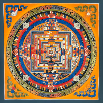 Kalachakra Mandala thangka, 55×55 cm: Kalachakra palace mandala with rings of mantra syllables and dharma wheels on a saffron ground