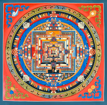 Kalachakra Mandala thangka, 55×55 cm: Kalachakra palace mandala with rings of mantra syllables and dharma wheels on a coral-red ground