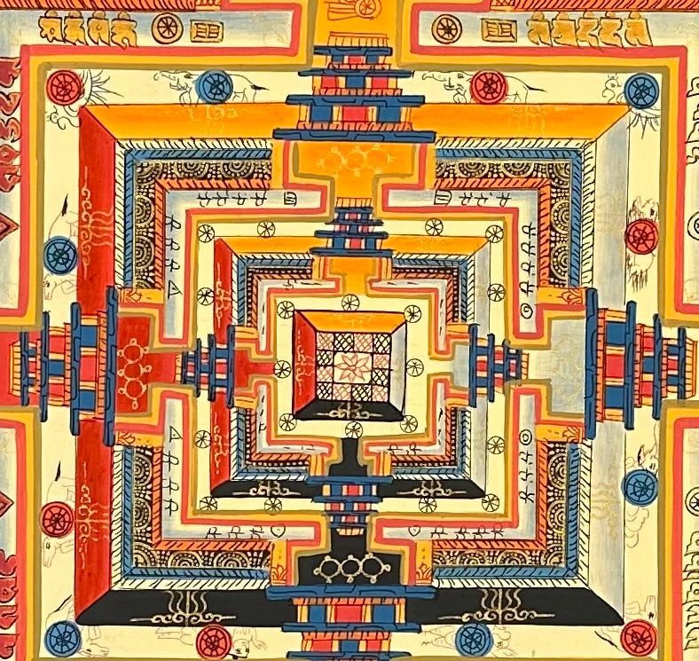 Kalachakra Mandala thangka, 55×55 cm: Kalachakra palace mandala with rings of mantra syllables and dharma wheels on a sky-blue ground