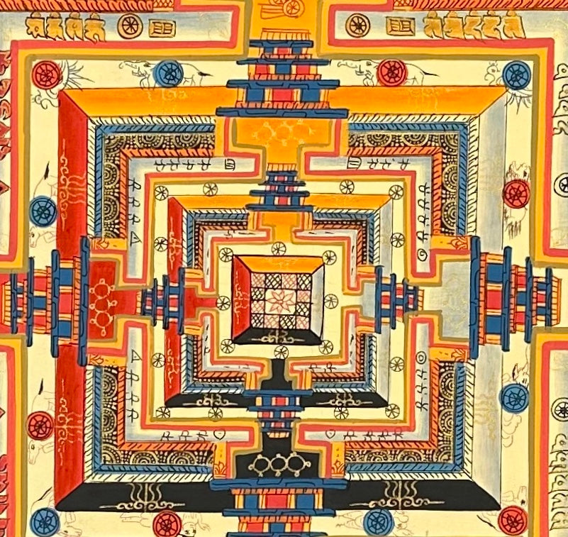 Kalachakra Mandala thangka, 55×55 cm: Kalachakra palace mandala with rings of mantra syllables and dharma wheels on a sky-blue ground