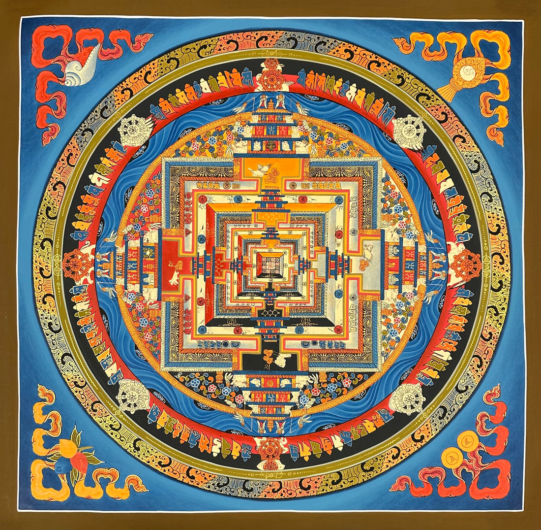 Kalachakra Mandala thangka, 55×55 cm: Kalachakra palace mandala with rings of mantra syllables and dharma wheels on a sky-blue ground