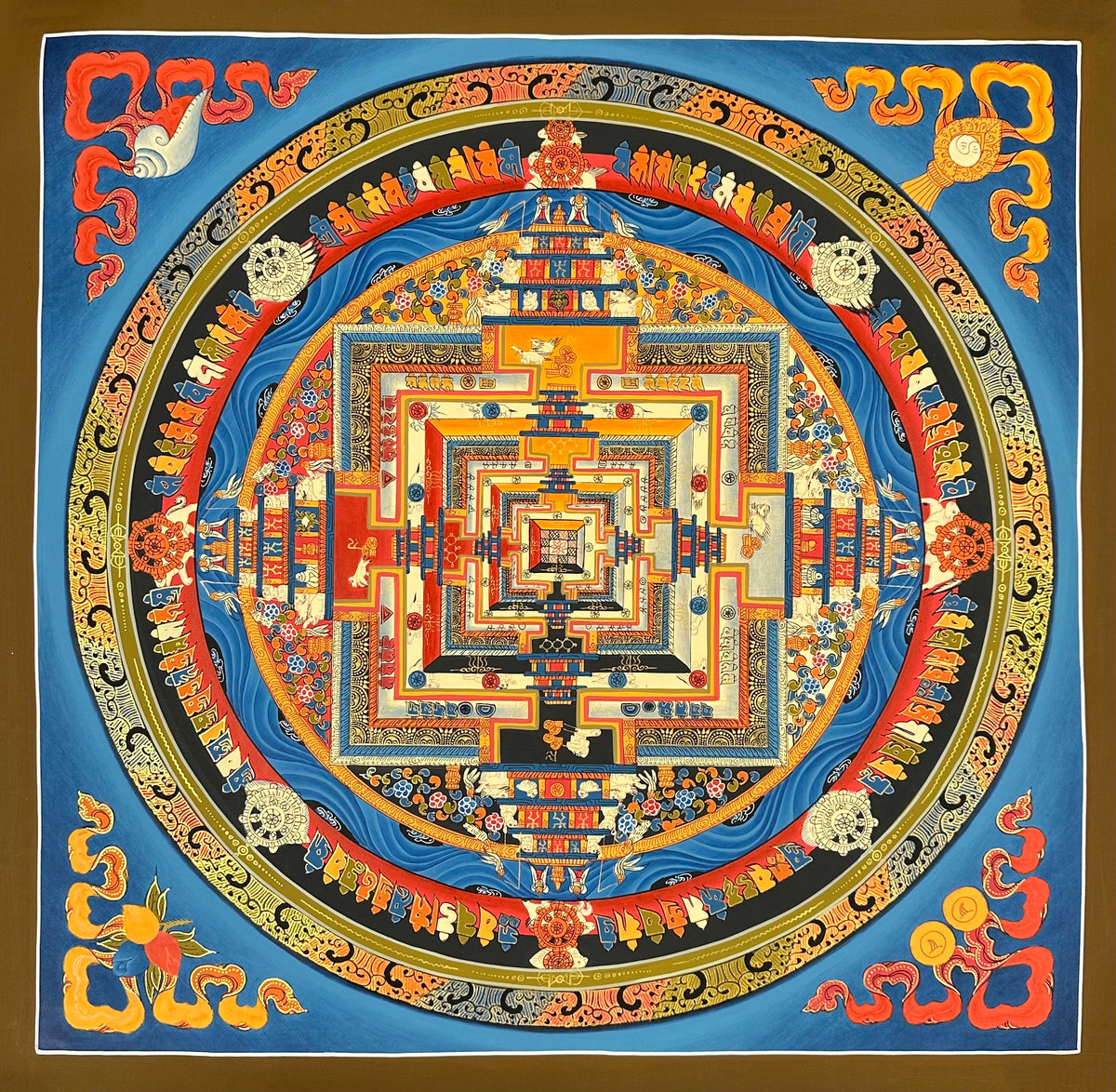 Kalachakra Mandala thangka, 55×55 cm: Kalachakra palace mandala with rings of mantra syllables and dharma wheels on a sky-blue ground