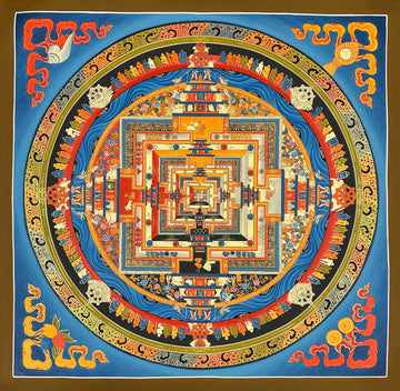 Kalachakra Mandala thangka, 55×55 cm: Kalachakra palace mandala with rings of mantra syllables and dharma wheels on a sky-blue ground