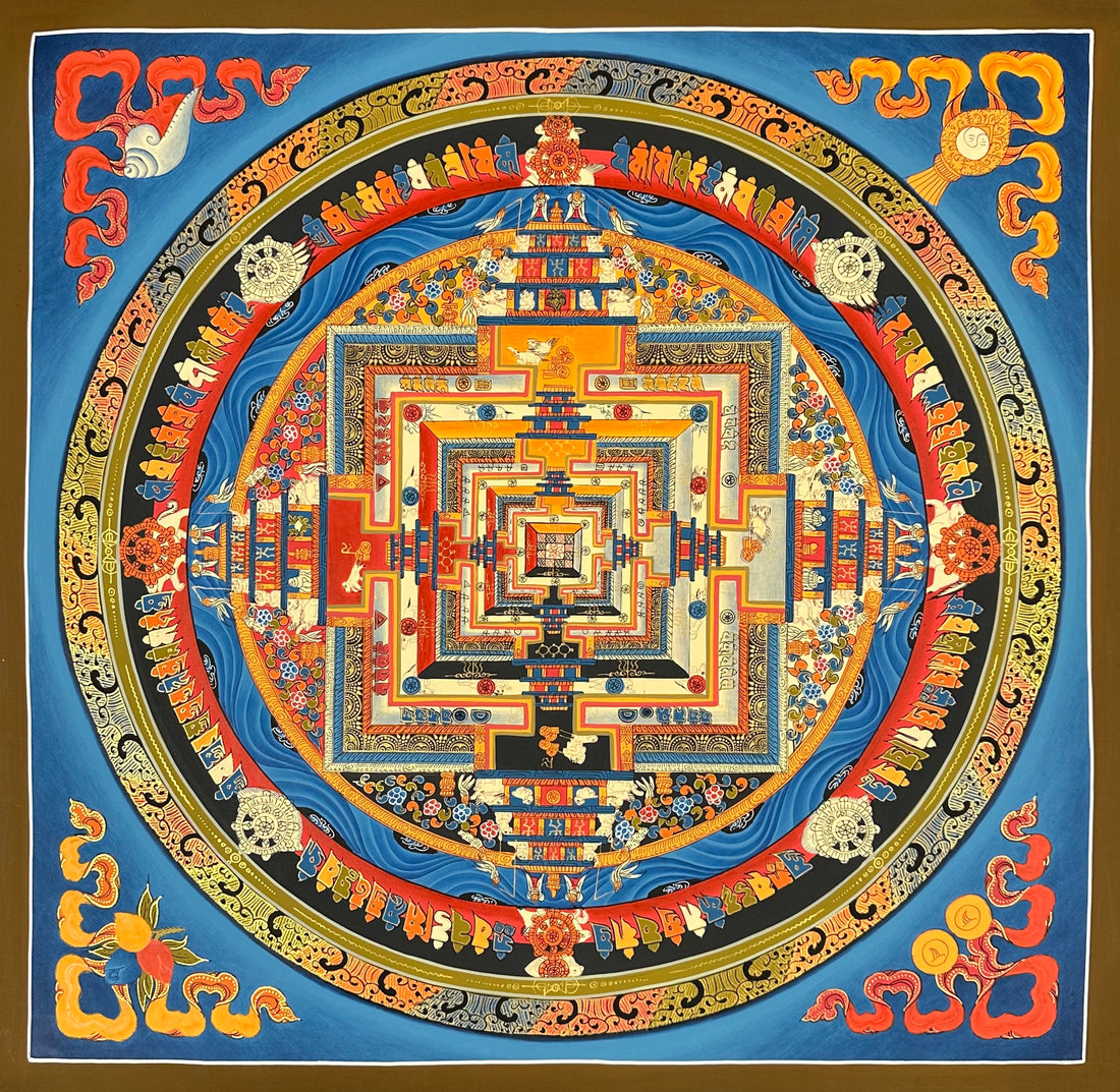 Kalachakra Mandala thangka, 55×55 cm: Kalachakra palace mandala with rings of mantra syllables and dharma wheels on a sky-blue ground