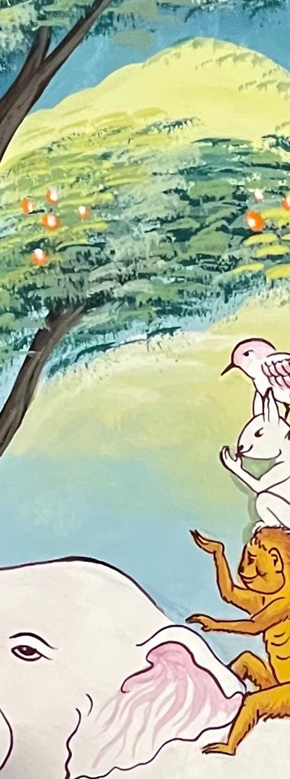 The Four Friends thangka, 31×60 cm: the Four Friends: an elephant, monkey, rabbit and bird stacked beneath a fruit tree