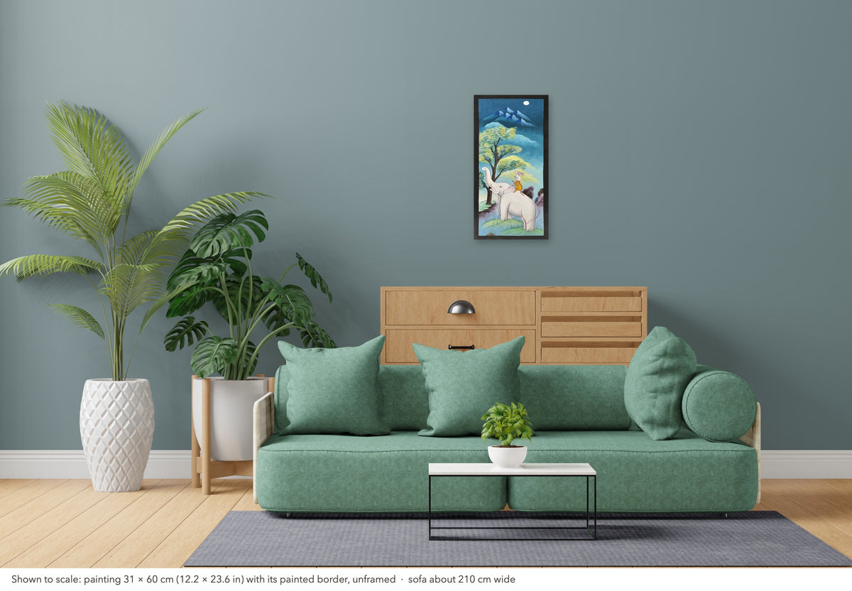 The Four Friends thangka shown to scale in a living room, unframed, above a sofa about 210 cm wide (31×60 cm)