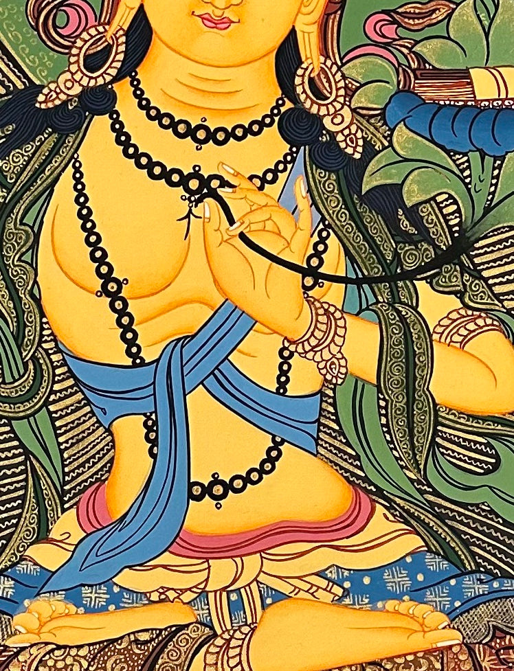 Manjushri thangka, 53×67 cm: golden Manjushri raising his sword on a pink lotus among lotus buds, with gold-coloured scrollwork corners
