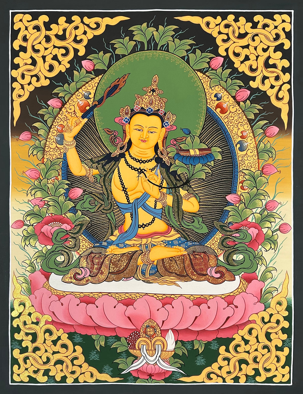 Manjushri thangka, 53×67 cm: golden Manjushri raising his sword on a pink lotus among lotus buds, with gold-coloured scrollwork corners