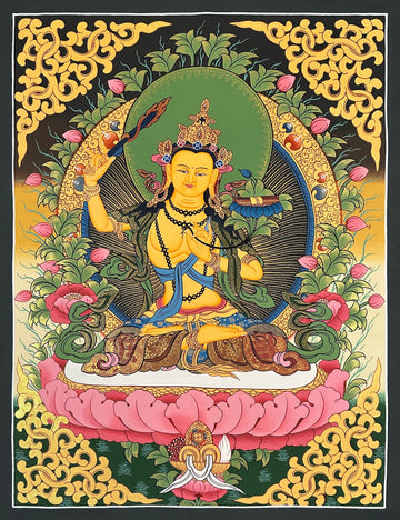 Manjushri thangka, 53×67 cm: golden Manjushri raising his sword on a pink lotus among lotus buds, with gold-coloured scrollwork corners