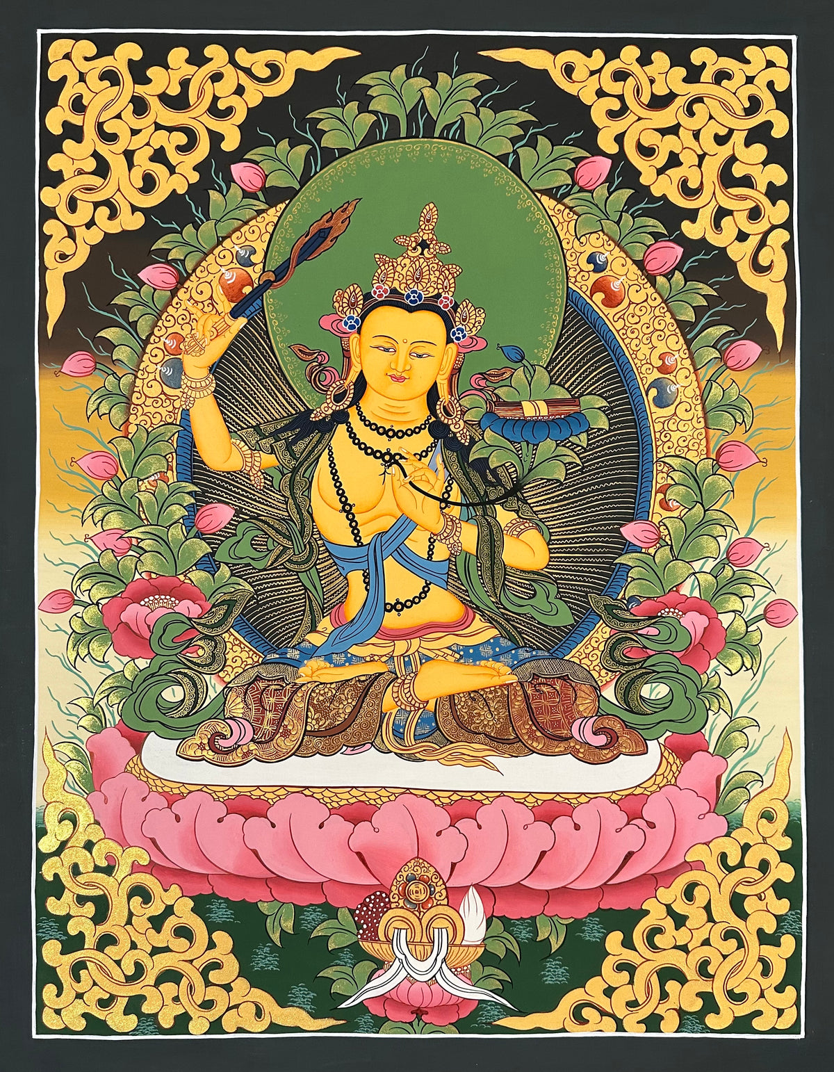 Manjushri thangka, 53×67 cm: golden Manjushri raising his sword on a pink lotus among lotus buds, with gold-coloured scrollwork corners