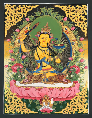 Manjushri thangka, 53×67 cm: golden Manjushri raising his sword on a pink lotus among lotus buds, with gold-coloured scrollwork corners