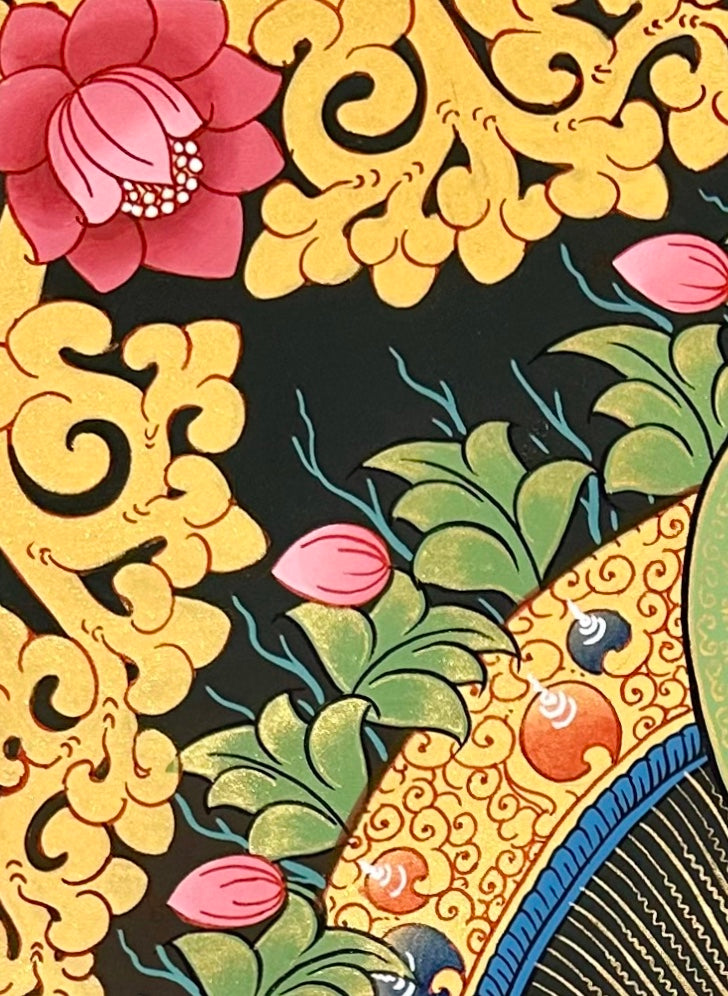 Amitabha Buddha thangka, detail: top-left corner