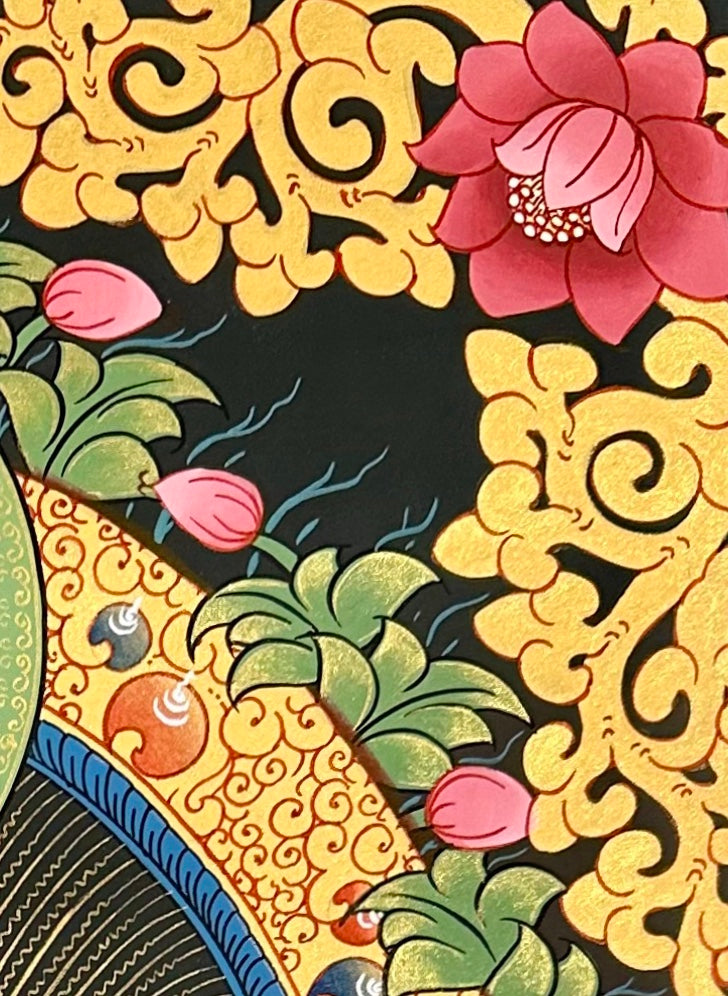 Amitabha Buddha thangka, detail: top-right corner