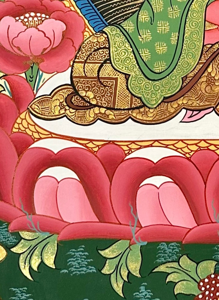 Amitabha Buddha thangka, detail: bottom-left corner