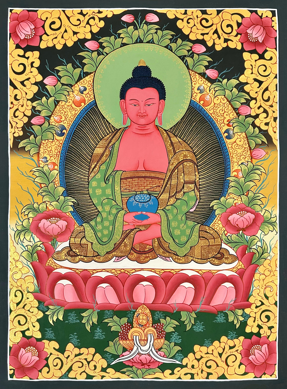 Amitabha Buddha thangka, 53×67 cm: red Amitabha in meditation holding a blue bowl, among pink lotuses and gold-coloured scrollwork
