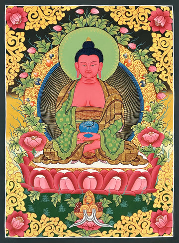 Amitabha Buddha thangka, 53×67 cm: red Amitabha in meditation holding a blue bowl, among pink lotuses and gold-coloured scrollwork