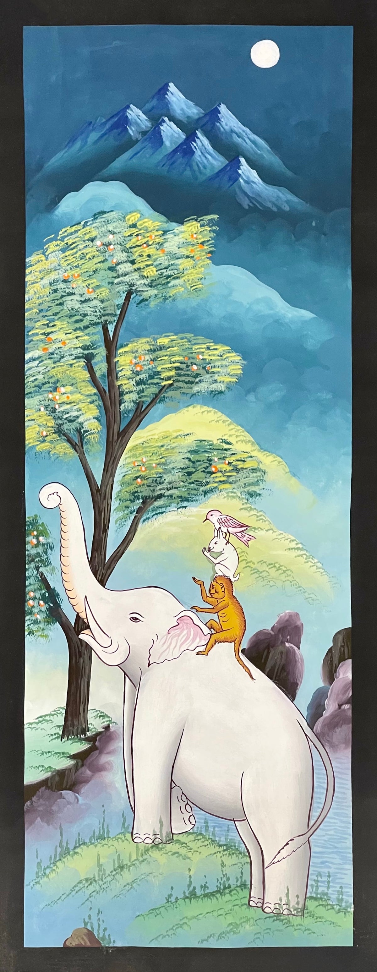 The Four Friends thangka, 31×60 cm: the Four Friends: an elephant, monkey, rabbit and bird stacked beneath a fruit tree