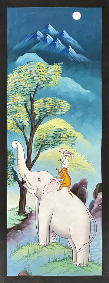 The Four Friends thangka, 31×60 cm: the Four Friends: an elephant, monkey, rabbit and bird stacked beneath a fruit tree