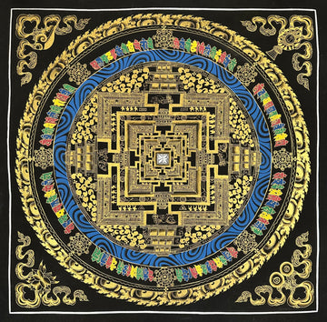 Kalachakra Mandala thangka, 55×55 cm: Kalachakra palace mandala in gold-coloured line work on black, with a ring of blue water and coloured syllables
