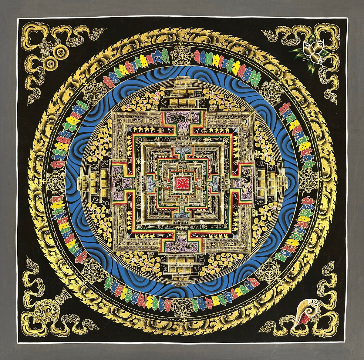 Kalachakra Mandala thangka, 55×55 cm: Kalachakra palace mandala in gold-coloured line work on black, with a ring of blue water