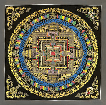 Kalachakra Mandala thangka, 55×55 cm: Kalachakra palace mandala in gold-coloured line work on black, with a ring of blue water