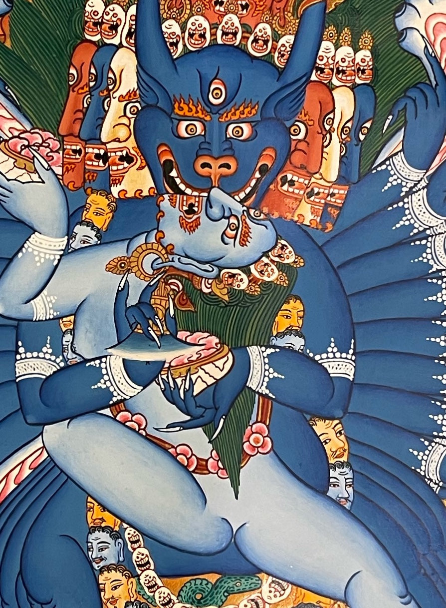 Yamantaka thangka, 52×69 cm: buffalo-headed Yamantaka with his consort in flames, with two lamas above and two protectors below