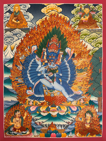 Yamantaka thangka, 52×69 cm: buffalo-headed Yamantaka with his consort in flames, with two lamas above and two protectors below