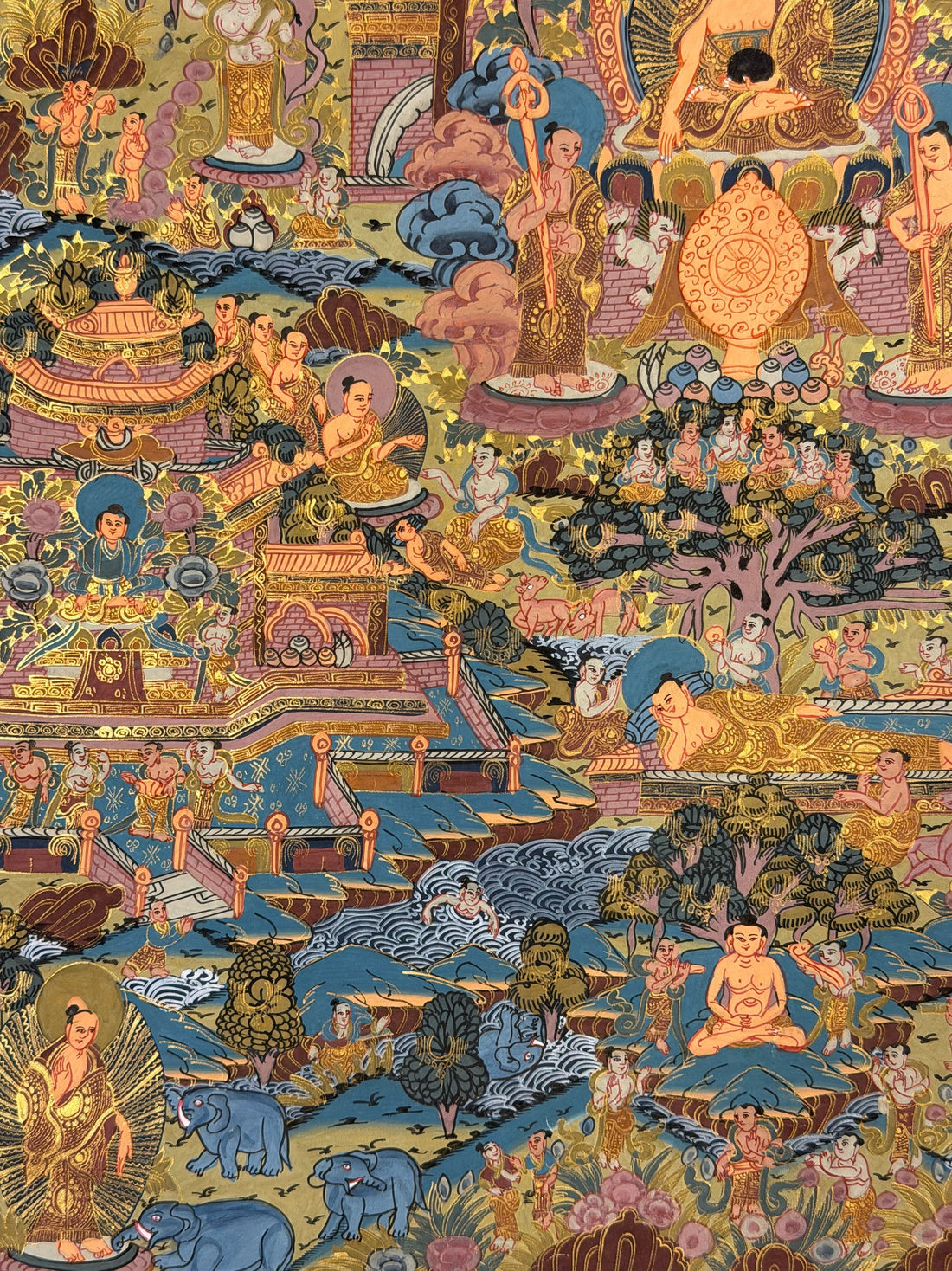 Buddha Life Story thangka, 44×55 cm: Shakyamuni with his two disciples surrounded by scenes of his life in soft pinks and blues
