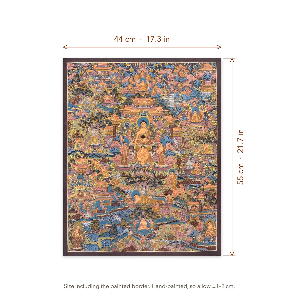 Size diagram: 44 × 55 cm (17.3 × 21.7 in), including the painted border