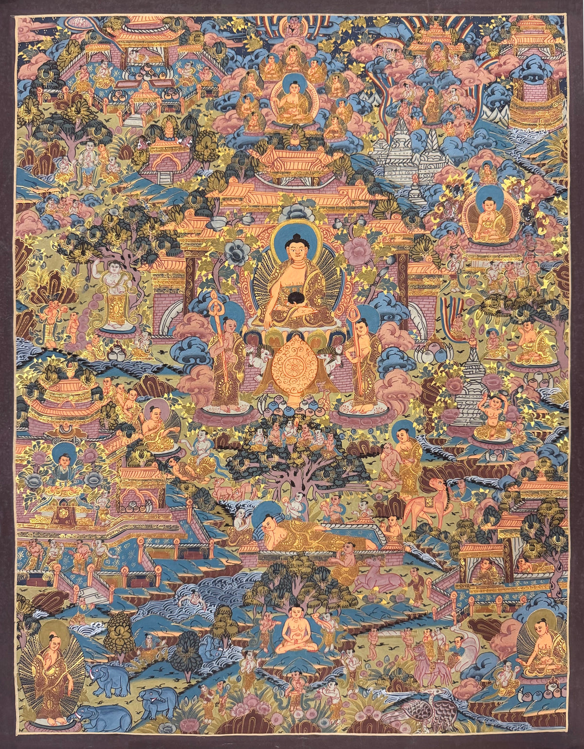 Buddha Life Story thangka, 44×55 cm: Shakyamuni with his two disciples surrounded by scenes of his life in soft pinks and blues