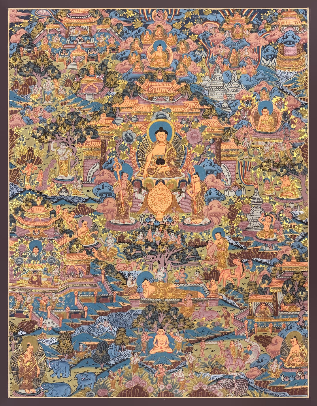 Buddha Life Story thangka, 44×55 cm: Shakyamuni with his two disciples surrounded by scenes of his life in soft pinks and blues