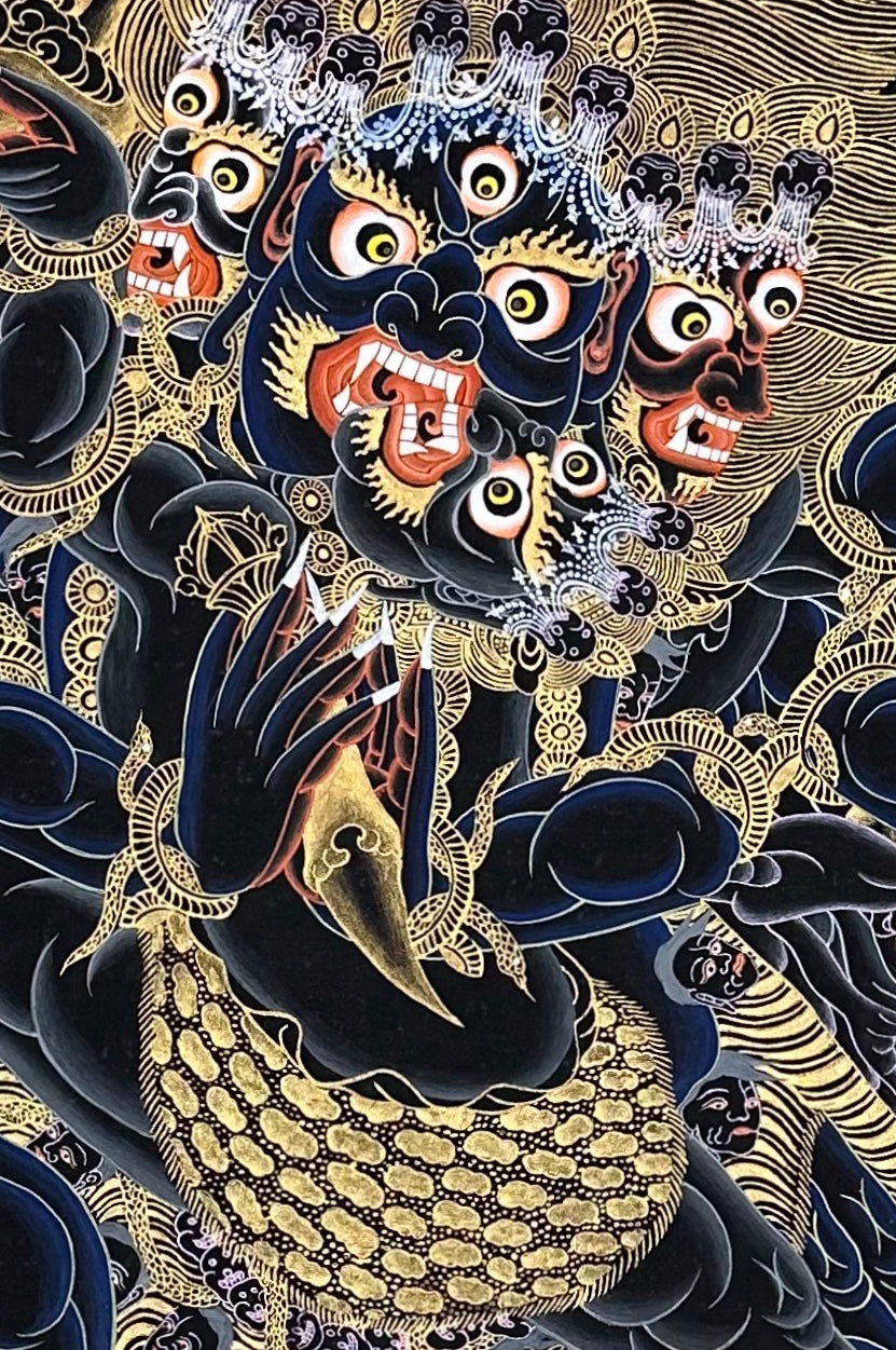 Vajrakilaya thangka, 60×100 cm: winged Vajrakilaya in black and gold, rolling a ritual dagger