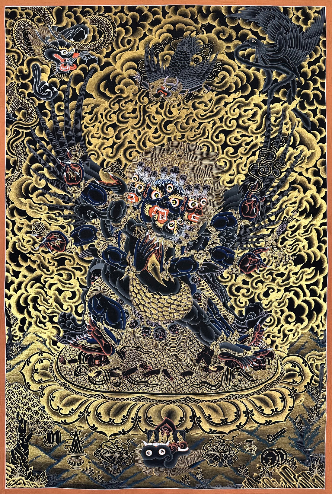 Vajrakilaya thangka, 60×100 cm: winged Vajrakilaya in black and gold, rolling a ritual dagger
